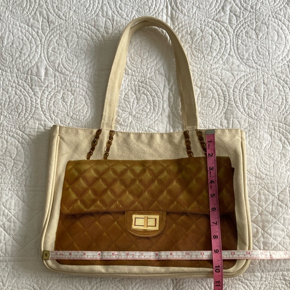 Thursday Friday Canvas Coated Quilt Print Tote Bag Cream Tan Gold - Picture 13 of 16